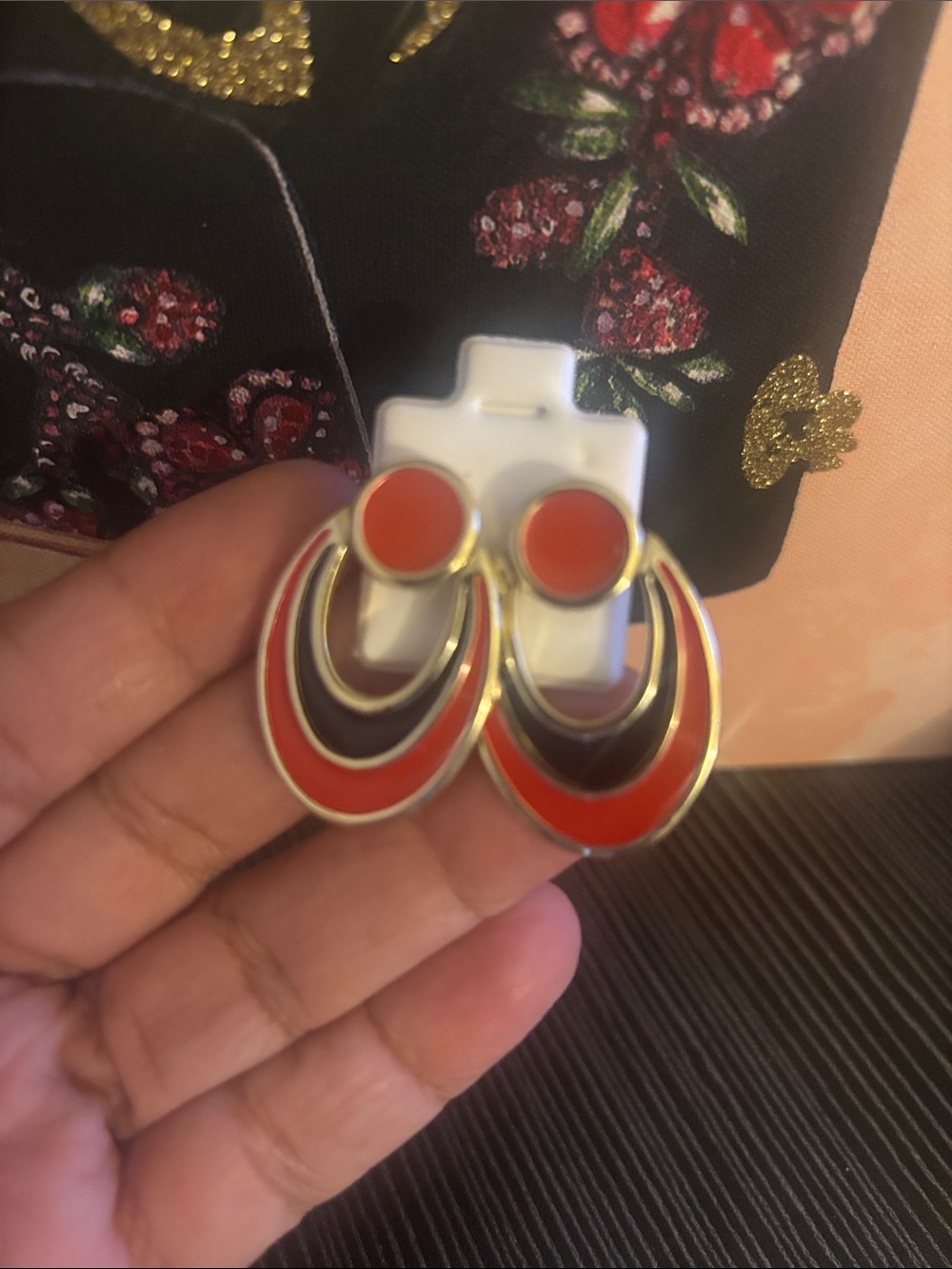 Vintage Gold-Tone Red and Black Enamel Drop Earrings